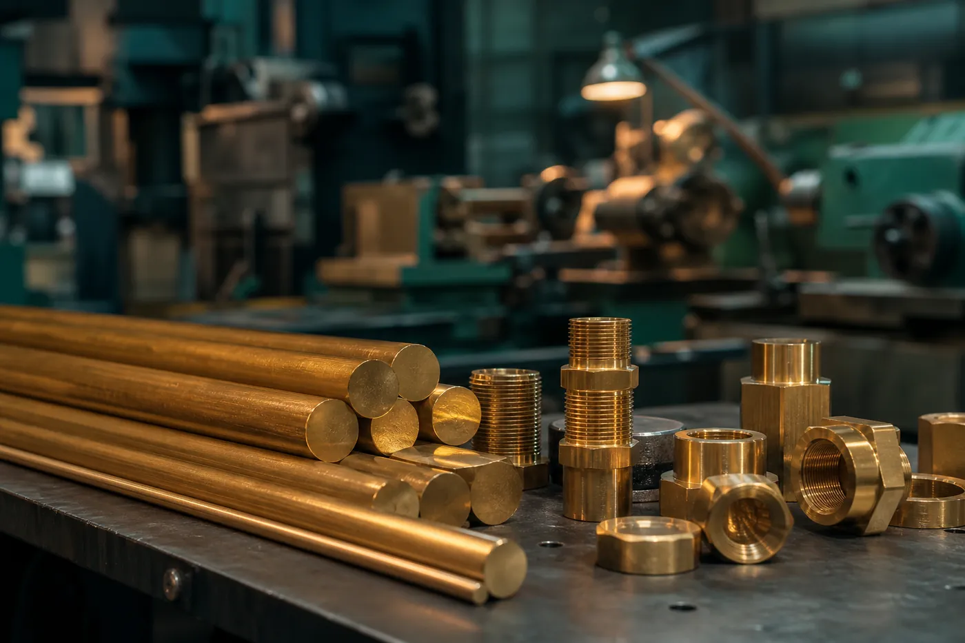 Brass rods and turned brass components in a workshop setting
