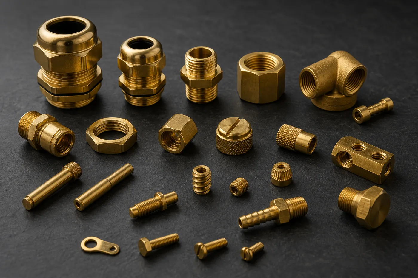 Precision brass fittings and industrial components arranged for B2B buyers