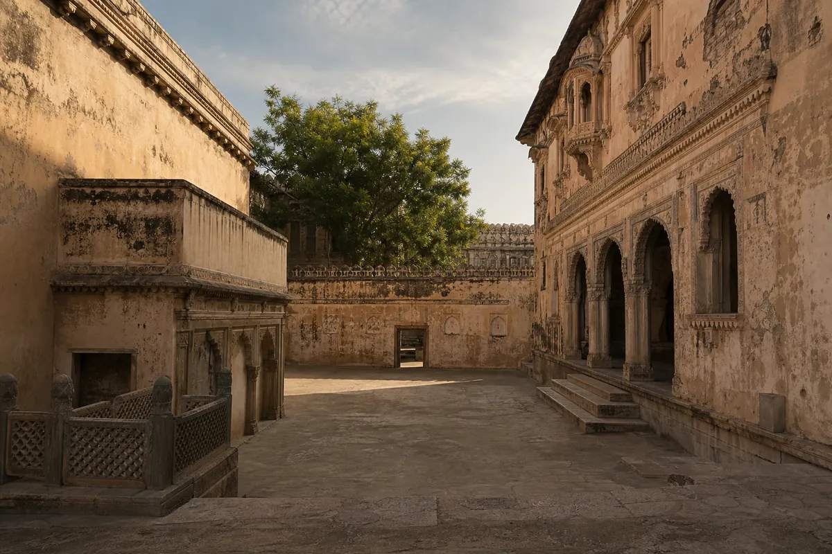 Historic town atmosphere near palace walls in Saurashtra