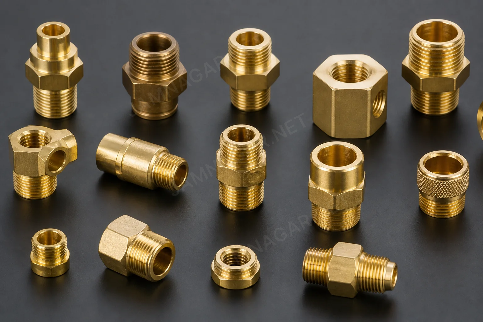 Free-cutting brass stock beside finished turned components