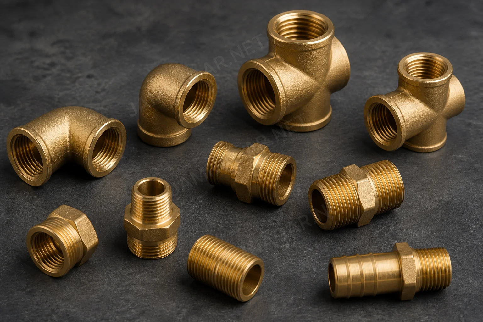 Brass pipe fittings including elbows tees and nipples for plumbing supply